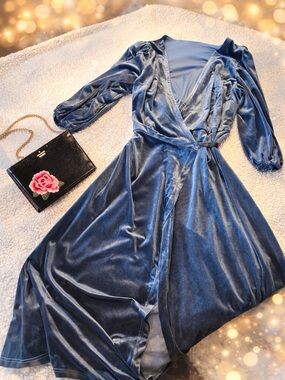 Blue Velvet long sleeve  Wrap Dress.